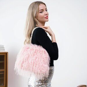 Pink Faux-Fur Shoulder Bag with Pearl Strap Fluffy Handbag Elegant NWT Funky